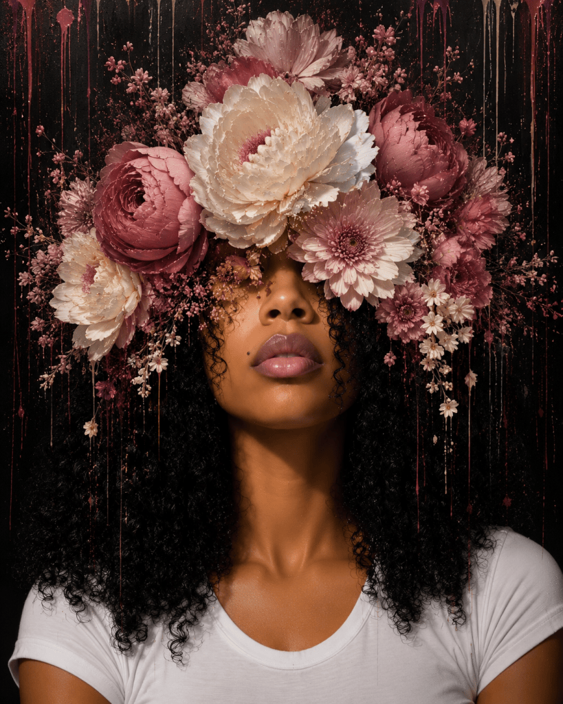 Portrait of Peculiar Flow beneath a sculptural crown of cream and dusty rose flowers